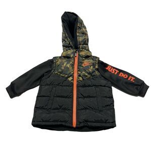 Nike Boy's Hooded Puffer Jacket Vest Fleece Lined Camo/Black Toddler Size 24 M